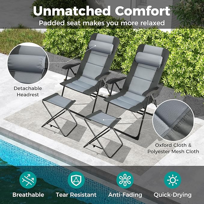 GYMAX Patio Chairs with Ottomans, Outdoor Recliner Set of 2 with 7-Level Backrest, Armrest, Detachable Headrest & Back Pocket, Padded Folding Camping Lounger for Lawn Balcony Backyard (2)