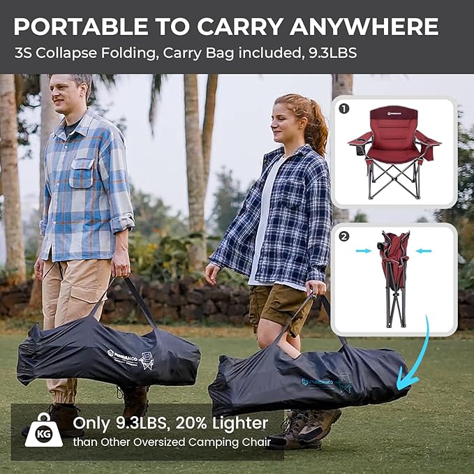 FUNDANGO Oversized Camping Chairs for Adults, Heavy Duty Fold Up Sports Games Lawn Chairs, Extra Wide Big Man Outdoor Chairs with Padded Lumbar Support Backrest, Bag Included for Camp, Outside, Beach
