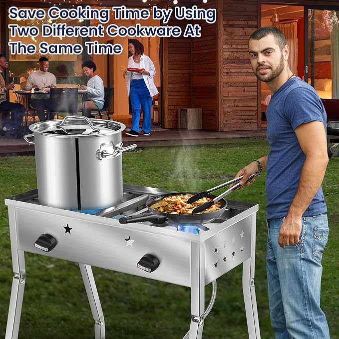 ARC Double Burner Propane Stove, Stainless Steel Camping Stove with 150,000 BTU/H, Easy-Assemble, 20PSI Regulator and Hose, Ideal for Outdoor Cooking,Camping and Gatherings (Stainless Steel)