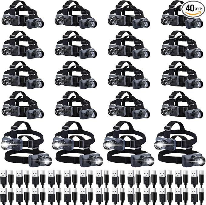 KunHe 40PACK 333LM Aluminum Alloy Headlamp 1800mAh Rechargeable with Zoomable 150M Long Beam IP65 Waterproof 3 Modes High Low Strobe for Outdoor Camping Construction Work Emergency