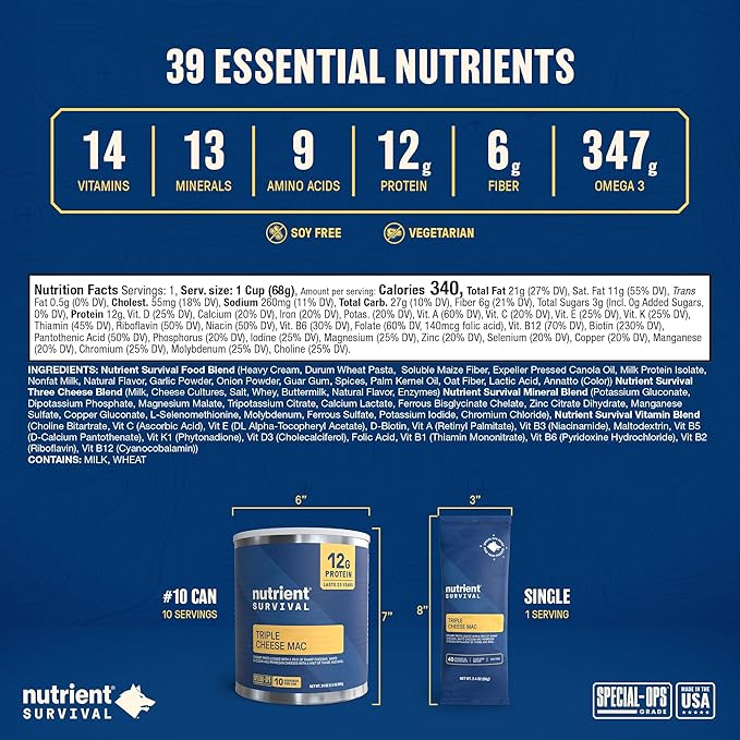 Triple Cheese Mac High Protein Meal (10 Servings) Freeze Dried Prepper Supplies & Emergency Food Supply, 40 Essential Nutritients, Shelf Stable Up to 25 Years, One Can