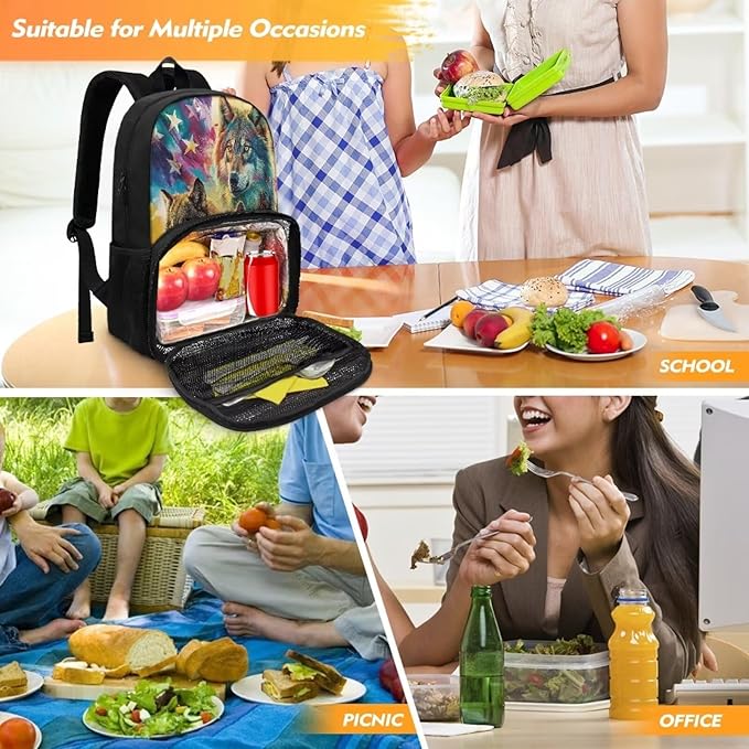 USA Flag Wolf Casual Bookbag Backpacks Hiking Outdoor Insulated Unisex Lunch Cooler Backpack Patriotic All In One Backpack Meal Bag Travel Laptop Bag 4th of July