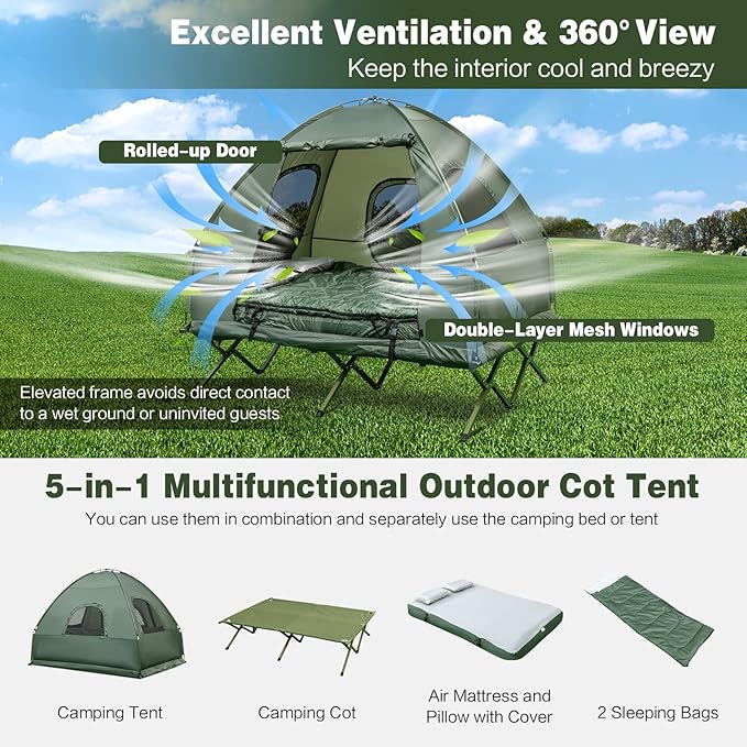 Goplus Camping Tent Cot, 5-in-1 Folding Camping Bed with Awning, Air Mattress, Sleeping Bag, Bedspread, Off Ground Elevated 1-2 Person Cot Tent with Carrying Bag, Air Pump for Camping Picnic Outdoor