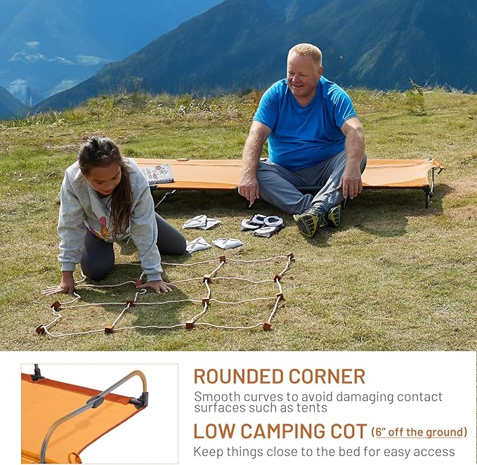 TIMBER RIDGE 20-Second Quick Set-Up Camping Cot, Lightweight Aluminum Folding Cot Low Profile with Zipper Closure, Portable Carry Bag for Camping, Travel and Outdoors, Support up to 225lbs, Orange