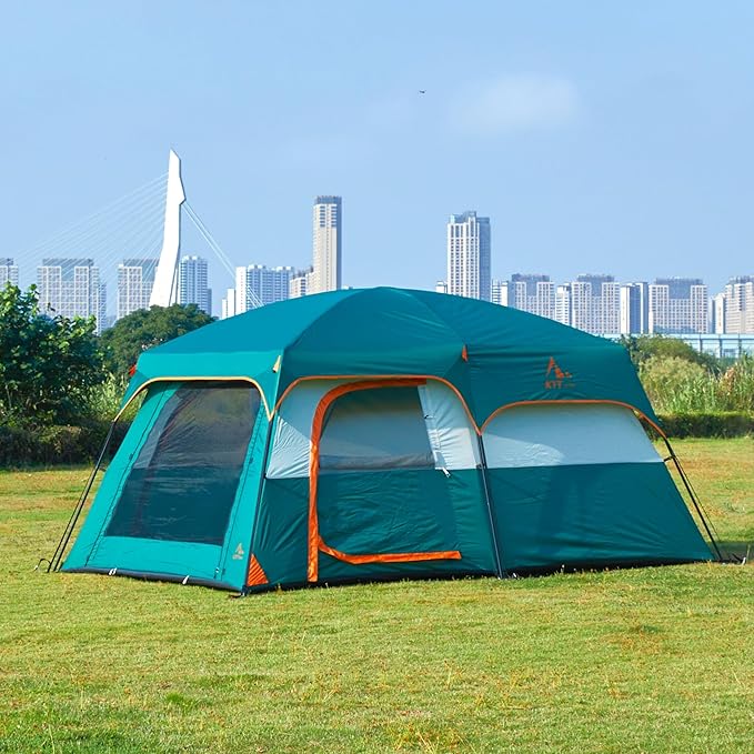 KTT Extra Large Tent 10-12-14 Person(Style-B),Family Cabin Tents,2 Rooms,3 Doors and 3 Windows with Mesh,Straight Wall,Waterproof,Double Layer,Big Tent for Outdoor,Picnic,Camping,Family Gathering
