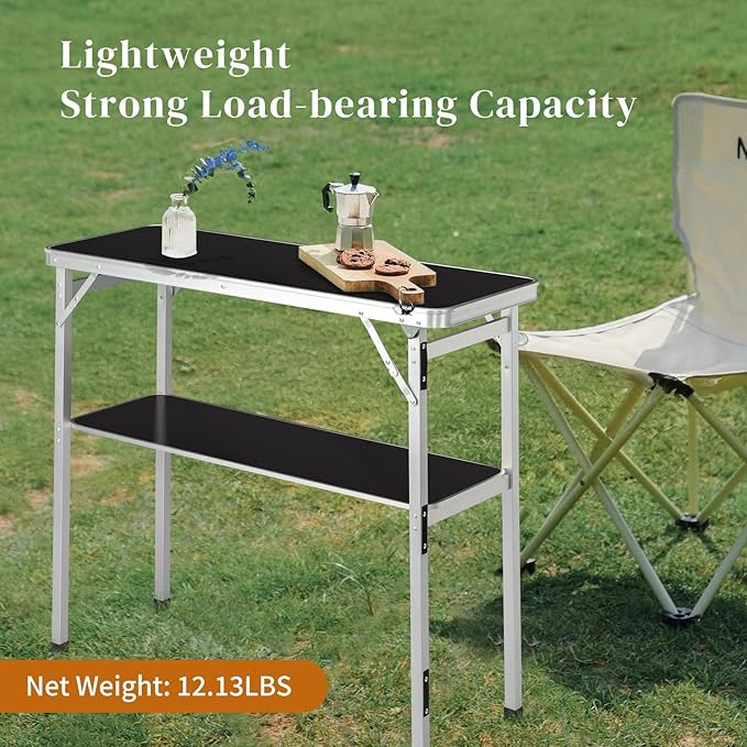 Outdoor Folding Camping Table Portable Bar Tables, Tradeshow Podium Table for Indoor, Outdoor, Party, Picnic, Exhibition, Includes Carrying Case, Storage Shelf and Black Skirt (Black)