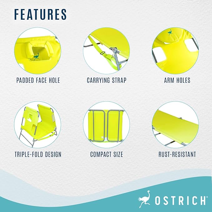 Ostrich Chaise Lounge Outdoor Portable Folding 3 Position Chair for Beach, Patio, Camp, and Pool with Carrying Strap, Neon Green (3 Pack)