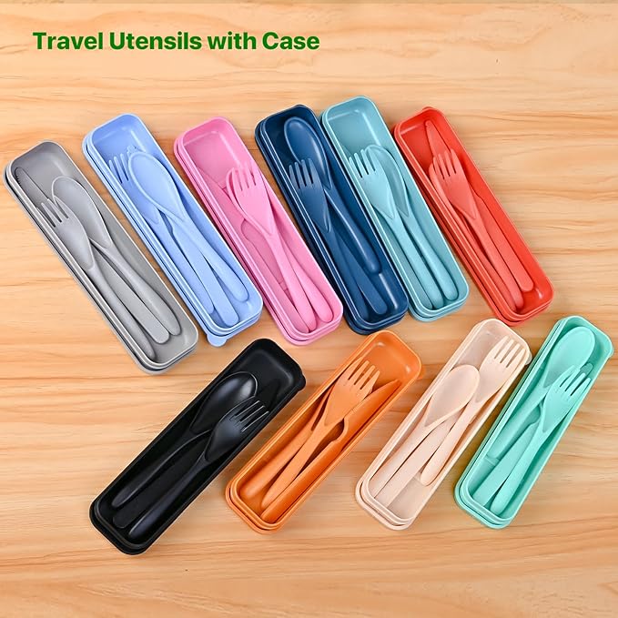 Travel Utensils Set with Case, 8 Sets Camping Utensils Reusable Wheat Straw Utensils Set With Case, Knife Spoon and Fork Set for Lunch Box
