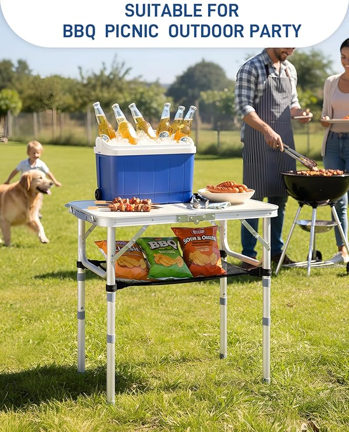 Outvita Folding Table, 2FT Aluminum Camping Table with Storage Adjustable Height Picnic Table Lightweight for Carring Outdoor Party Events Beach