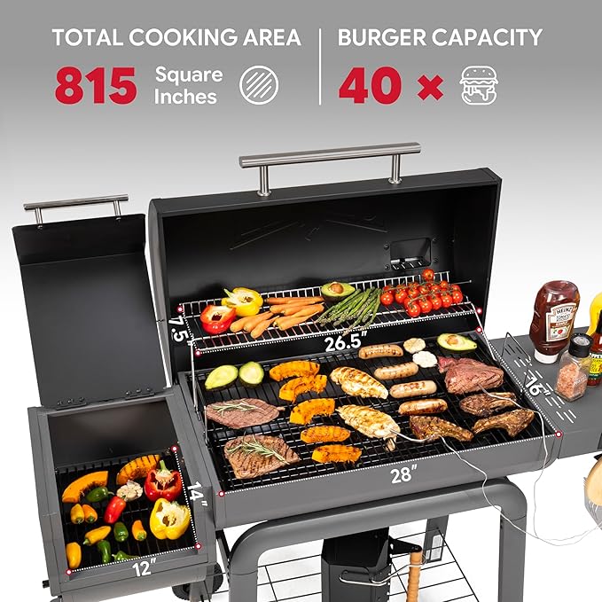 30-Inch Heavy-Duty Charcoal Grill with Digital Temperature Control & 2 Meat Probes, Outdoor BBQ Grill with Offset Smoker, 815 Sq. In. Cooking Space for Backyard BBQ, Black & Grey