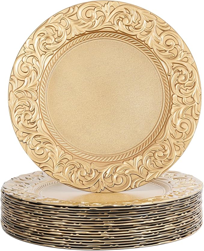 150 Pcs 13 Inch Gold Charger Plates, Bulk PP Wedding Chargers with Floral Reef Design Decorative Round Ruffled Rim Dinner Plates for Wedding Party Event Table Setting Decoration