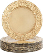150 Pcs 13 Inch Gold Charger Plates, Bulk PP Wedding Chargers with Floral Reef Design Decorative Round Ruffled Rim Dinner Plates for Wedding Party Event Table Setting Decoration
