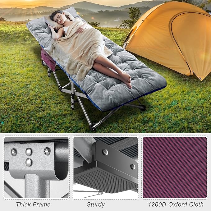 ABORON Folding Camping Cot W/Mat for Adults, Heavy Duty Outdoor Bed with Carry Bag,1200 D Layer Oxford Travel Camp Cots