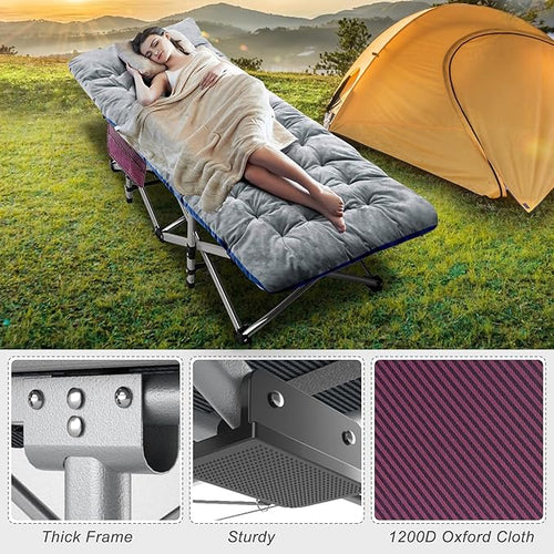 ABORON Folding Camping Cot W/Mat for Adults, Heavy Duty Outdoor Bed with Carry Bag,1200 D Layer Oxford Travel Camp Cots