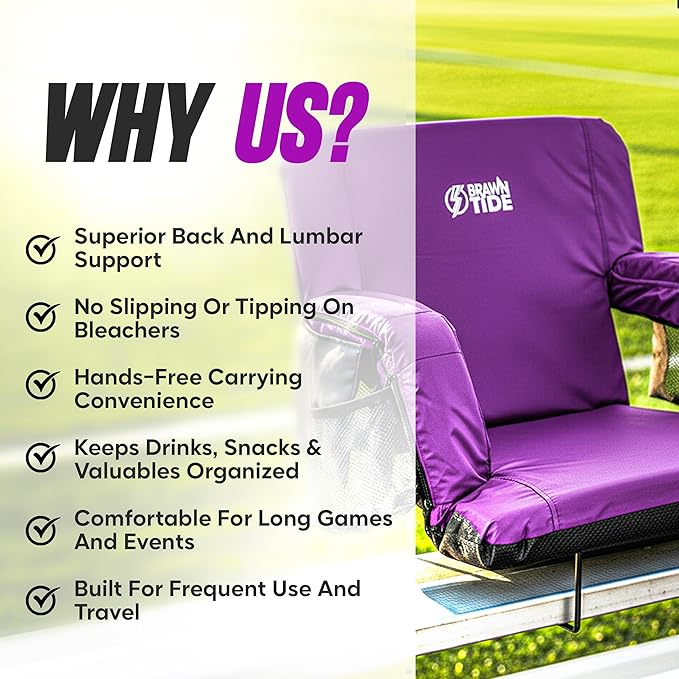 BRAWNTIDE Stadium Seat for Bleachers with Back Support - Wide Padded Reclining Bleacher Seat, Portable Folding Stadium Chair with Armrests, Hooks, Straps, Cup Holders & Pockets for Games & Concerts