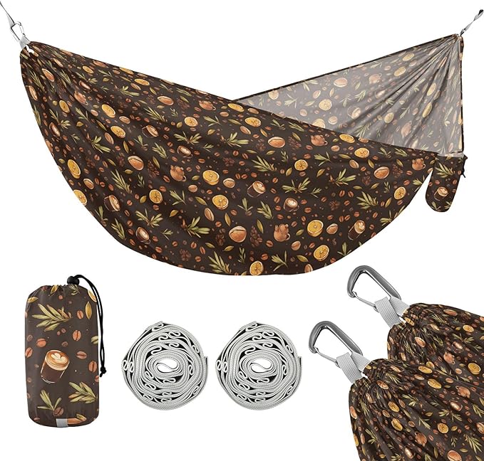 Cartoon Coffee Camping Hammocks with Portabl Carry Bag Hammock for Tree for Camping Travel Accessories