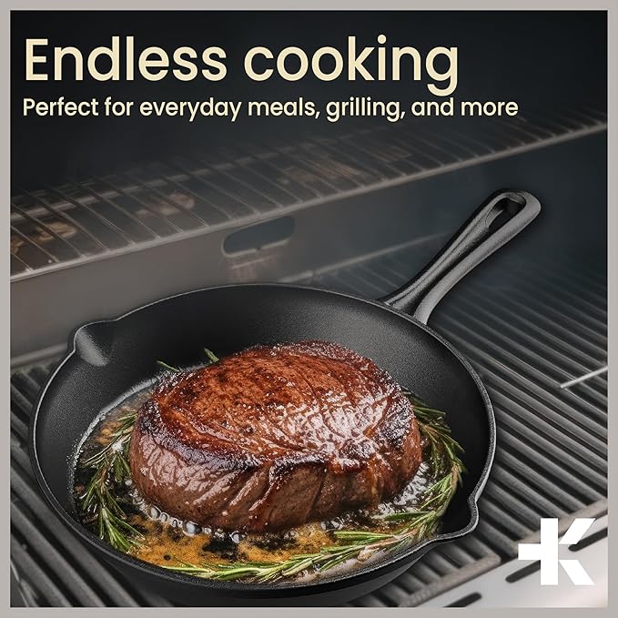 Bakken 10" Cast Iron Skillets, Pre-Seasoned Frying Pan with Even Heat Retention Cooking, Versatile for Stove, Oven, Grill & Campfire, Easy-Grip Handles, Hand Wash Only, 4.41 lbs