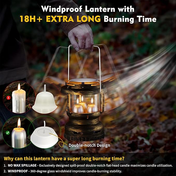 3-Wick Emergency Candle Lantern for Power Outages [18H+ Burning Time] Vintage Decorative Candle Lantern for Real Candles, Outdoor Portable Camping Survival Lighting [7.1"*5.7" - Vintage Brass]