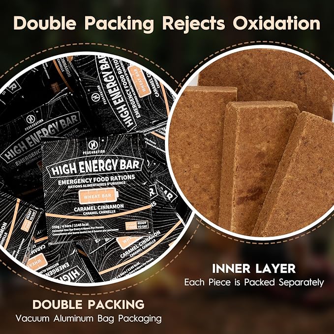 PEAK4RATION High Energy Bar | Compact Compressed Food Bar - Caramel Cinnamon 6864kcal | Long Shelf-Life Emergency Food Ration - 6 Day Package 1.5kg (6x250g Box) | Survival Preparedness Food Bar for Outdoor Camping, Crisis, Earthquake, Wildfire, Home Pr...