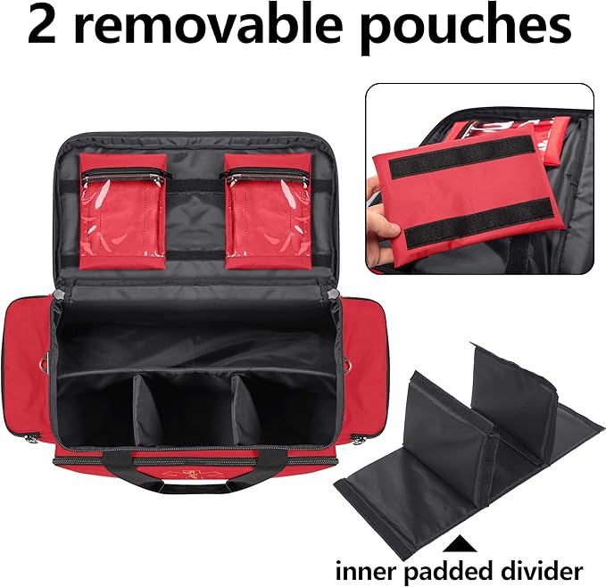 Trunab Emergency Responder Trauma Bag Empty, Professional First Aid Kits Storage Medical Bag with Inner Dividers and No-Scratch Bottom, Ideal for EMT, EMS, Paramedics, Red, BAG ONLY