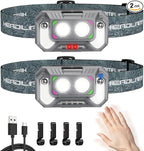 LED Headlamp Lightweight with Red Light Motion Sensor, 5 Modes USB-C Rechargeable, 6-Hour Runtime, Waterproof Headlamps for Adults Rechargeable for Camping,Running,Fishing,and Work, 2 Pack