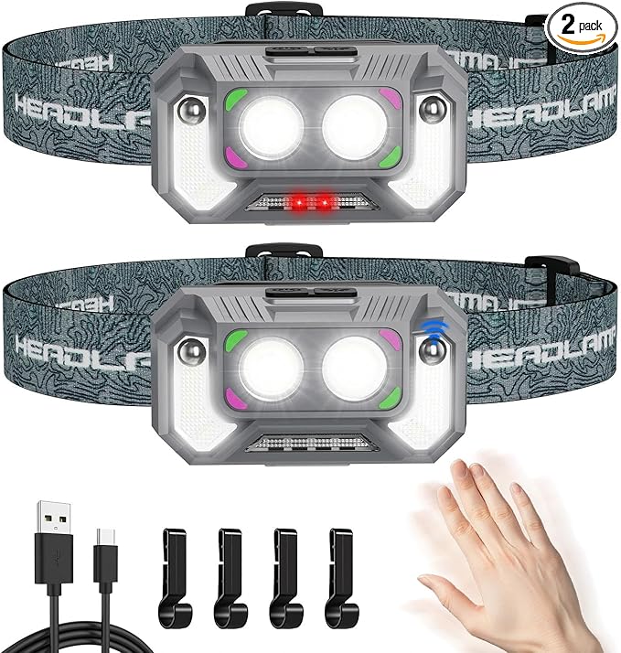 LED Headlamp Lightweight with Red Light Motion Sensor, 5 Modes USB-C Rechargeable, 6-Hour Runtime, Waterproof Headlamps for Adults Rechargeable for Camping,Running,Fishing,and Work, 2 Pack