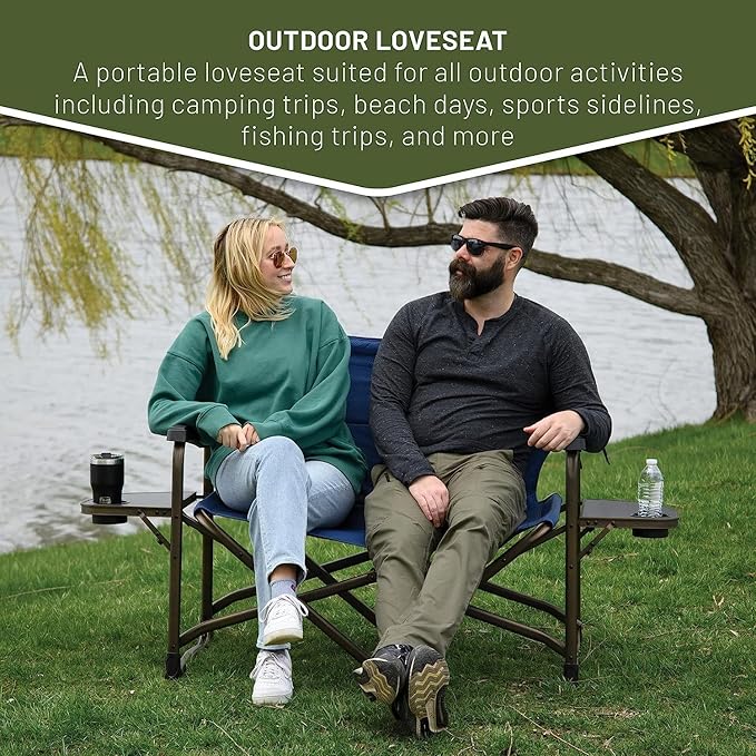 Timber Ridge Double Camping Chair Foldable Loveseat Directors Chairs, Oversized Double Folding Camping Chairs with 2 Side Tables, 2 Person Lawn Chair, Heavy Duty Support 600 LBS for Outdoor, Blue