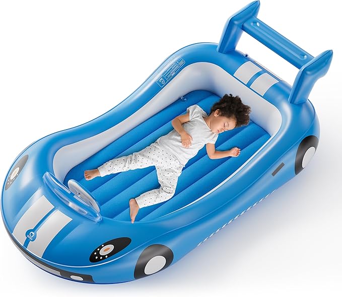 QPAU Blow up Inflatable Toddler Travel Bed with Sides, Toddler Air Mattress for Camping, Traveling, Hotel, or Home Use, Hand Pump Included (Blue)