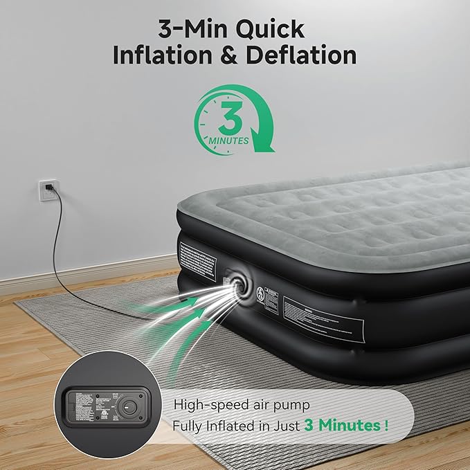 Sebor Air Mattress Queen with Built-in Pump 18", Comfortable Self-Inflating Air Mattress with High-Speed Pump, Durable Blow Up Mattress Queen with Storage Bag for Guests, Camping, Travel