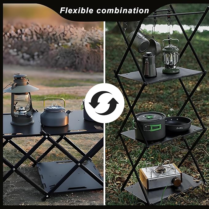 Portable Camping Table & Shelf, 2-in-1Folding Carbon Steel Picnic Rack 37" 4-Tier Storage Cook Station with 4 Hooks,Perfect for Party, Dining, Camping, BBQ, Indoor, Outdoor