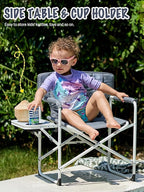 EVER ADVANCED Kids Directors Chair with Side Table, Padded Kids Folding Camping Chair Outdoor with Safety Lock, Lightweight Portable Camp Chairs for Beach, Balcony, Patio, Supports 150lbs, Grey