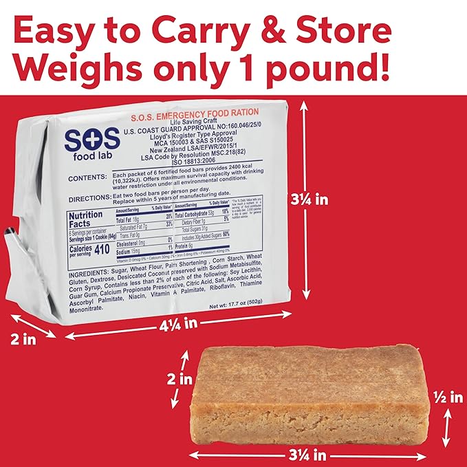 SOS Food Lab Emergency Food Bar - 2400 Calorie Ration (5 Pack Shortbread Cookie) - 2 Day/48 Hour Ready to Eat Supply for Camping, Hiking, Disaster Preparedness - 5 Year Shelf Life Energy Survival Food