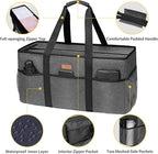 LHZK Stand Up Extra Large Utility Tote Bag with Lid, Utility Tote Bag with Metal Wire Frame and the Sides Rinforced, Reusable Grocery Bags Foldable, Beach Bag, Car Tote (Gray)