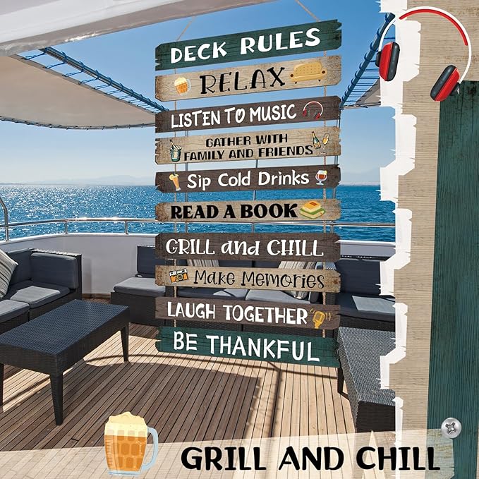 Tatuo Deck Rules Wooden Signs Funny Rules Signs Decorative Outdoor Regulations Plaque Wall Decor for Bar Campsite Cabin Tent Deck Sign Backyard Outdoors Home 11 x17 Inch
