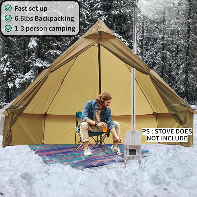 DANCHEL OUTDOOR HT02 4 Season Hot Tent With Stove Jack - Waterproof Yurt for 1-3 Person Backpacking, 6.6lbs, 210T Rip-Stop Polyester, Brown, 10.5ft/3m Diameter