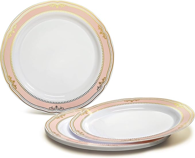 " OCCASIONS " 50 Plates Pack (25 Guests)-Wedding Party Disposable Plastic Plate Set -25 x 10.25'' Dinner + 25 x 7.5'' Salad & Dessert plates (Scalloped in White/Blush & Gold)