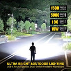 1500LM Folding Portable LED Camping Lantern, Rechargeable Camping Light,USB-C Work Light,5 Modes 3 Light Sources,1/4" Screw Adapter Tent Lights,Floodlight for Hiking,Power Outages,Garage,Job Lighting