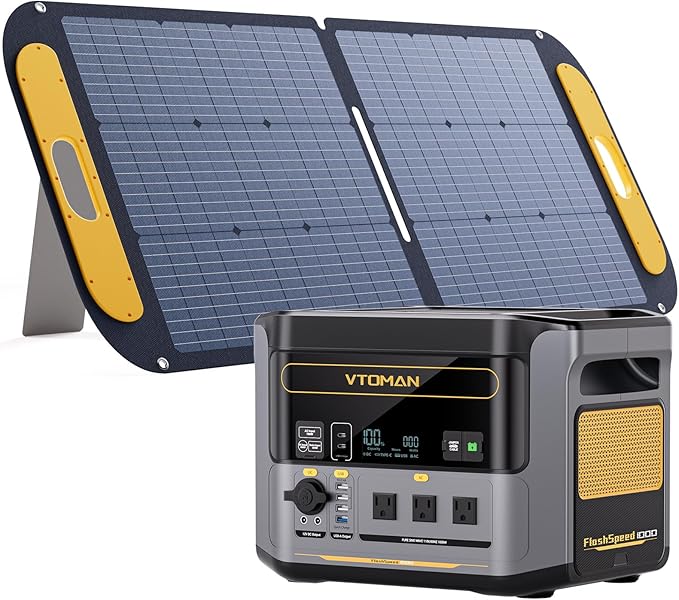 VTOMAN FlashSpeed 1000 Solar Generator 1000W/828Wh with 110W Solar Panel - LiFePO4 Battery, Expandable to 2376Wh, IP67 Waterproof Solar Charging for Extended Off-Grid, Home Backup, Camping, RV