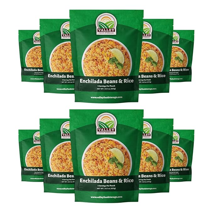 Valley Food Storage Enchilada Beans & Rice | 50 Servings Emergency Food Supply | Premium Survival Meals, 25 Year Shelf Life | Prepper Food, Camping & Off Grid Living Supplies (10 Bags + Bucket)