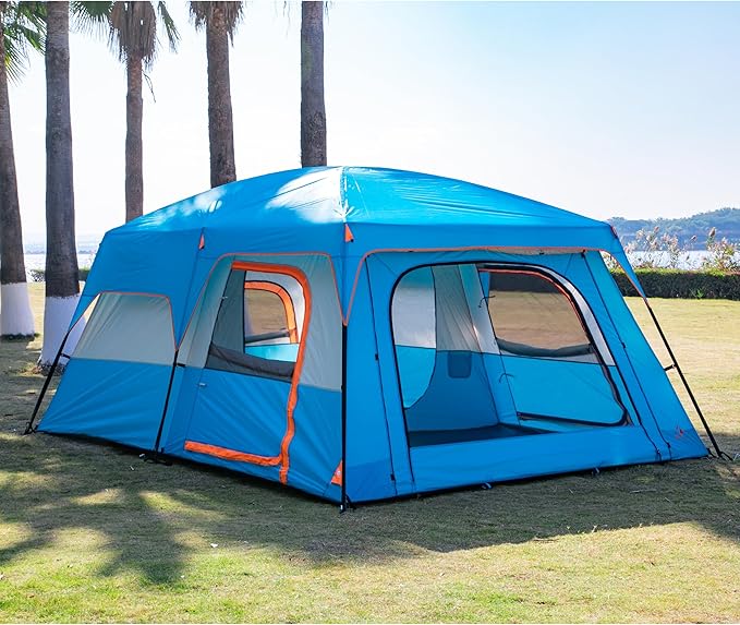 KTT Extra Large Tent 10-12-14 Person(B),Family Cabin Tents,2 Rooms,3 Doors and 3 Windows with Mesh,Straight Wall,Waterproof,Double Layer,Big Tent for Outdoor,Picnic,Camping,Family Gathering