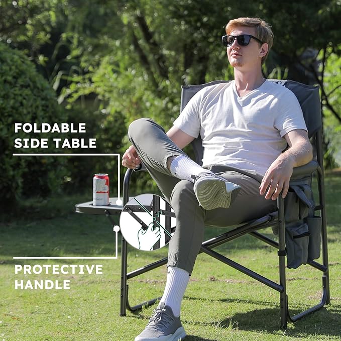 Oversized Directors Camping Chair Support 600 LBS, Heavy Duty Folding Outdoor Chairs with Detachable Side Pocket and Adjustable Side Table for Outside Beach,Lawn,Fishing (Blue)