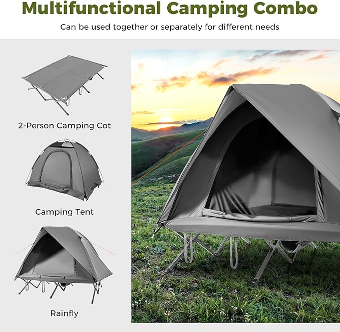 GYMAX 2-Person Tent Cot, 3 in 1 Folding Off-Ground Cot Bed Combo with Portable Wheeled Bag, Waterproof Rainfly, 2 Mesh Doors & Skylight Roof for Hiking, Backpacking, Outdoor