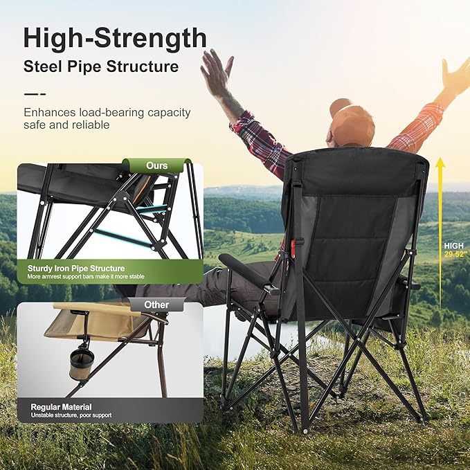 LET'S CAMP Oversized Camping Chairs 29.52" High Back Heavy Duty Lawn Chair Support 500LBS, Portable Collapsible Chair with Cup Holder, Side Pocket,2 Pack(Black)