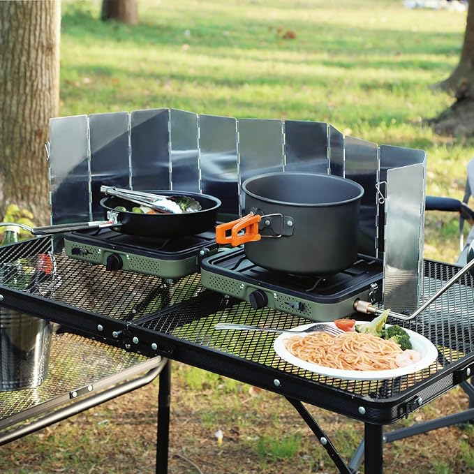 2 Burner Camping Stove with Windscreen, Portable Folding Gas Stove with 17200 BTU Adjustable Burners,12 Plates Foldable Aluminum Camping Stove Windshield, Suitable for Propane & Butane