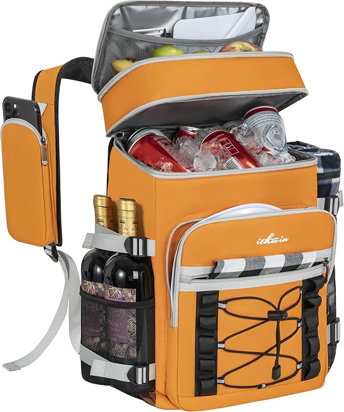 Cooler Backpack, 40 Cans Insulated Lunch Backpack Picnic Backpack for Men&Women, Durable Cooler Bag with 2 Leak Proof Compartments for Picnic, BBQ Camping, Lunch, Beach, Hiking, Orange