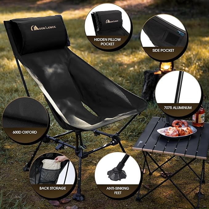 MOON LENCE Oversized High Back Camping Chair with Pillow for Adults, Height Adjustable Folding Chair with 400 lbs Capacity, Hidden Pillow Pocket & Wide Seat for Camping, Fishing, Base Camp, Black