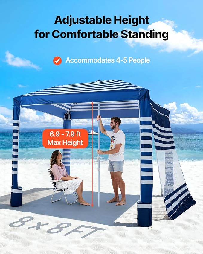 VEVOR Beach Cabana, 8 x 8 ft Beach Canopy with Side Wall, UPF 50+ Protection Easy Setup Cabana Tent with Sand Pockets, Adjustable Height Portable Shade Sun Shelter Umbrella for Family, Navy Stripes