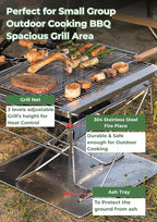 CAMPINGMOON 3 in 1 Portable Fire Pit 12 inch Foldable Stainless Steel Wood Burning Camping Stove BBQ Grill for 3 People Adjustable Height Outdoor Cooking Campfire Carry Bag included MT-035