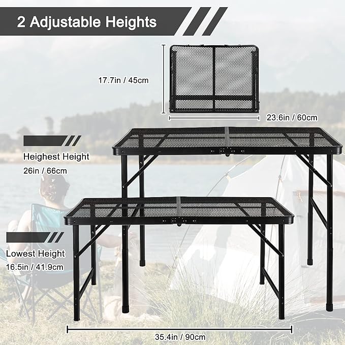 Folding Grill Table Camping Table with Mesh Desktop, Lightweight 3 FT Metal Table for Outside, Height Adjustable Portable Grill Tables for Camping, Picnic, Beach and BBQ, RV