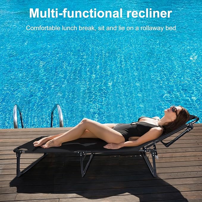 Talent Star Folding Lounge Chair with Mattress and Pillow Indoor Outdoor, 4 Position Adjustable Toffee Sleeping Bed Cot Chaise for Sunbathing Tanning Poolside Office Camping Lawn Pool Beach Patio 75cm